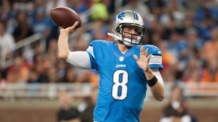 Aug 9, 2014; Detroit, MI, USA; Detroit Lions quarterback Dan Orlovsky (8) drops back to pass during the second quarter against the Cleveland Browns at Ford Field. Mandatory Credit: Tim Fuller-Imagn Images