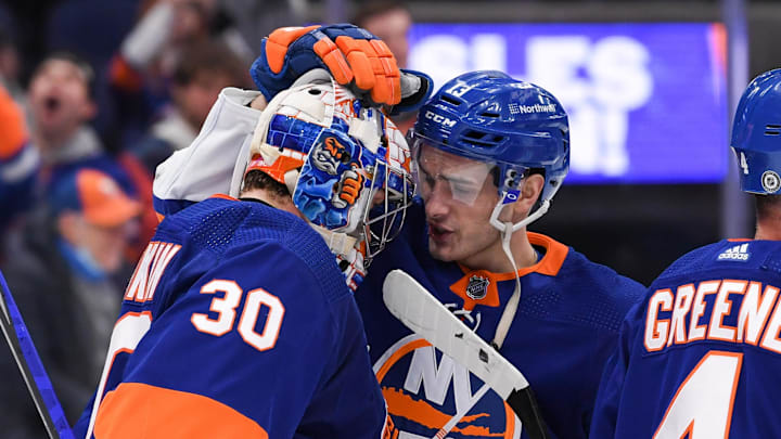 Jan 17, 2022; Elmont, New York, USA; New York Islanders center Mathew Barzal (13) congratulates New York Islanders goaltender Ilya Sorokin (30) on a 4-1 victory over the Philadelphia Flyers after the game at UBS Arena. Mandatory Credit: Dennis Schneidler-Imagn Images Jan 17, 2022; Elmont, New York, USA; New York Islanders center Mathew Barzal (13) congratulates New York Islanders goaltender Ilya Sorokin (30) on a 4-1 victory over the Philadelphia Flyers after the game at UBS Arena. Mandatory Credit: Dennis Schneidler-Imagn Images