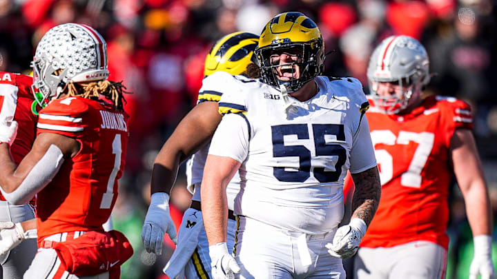 Michigan defensive lineman Mason Graham (55) celebrates a play against Ohio State during the second half at Ohio Stadium in Columbus, Ohio on Saturday, Nov. 30, 2024. Michigan defensive lineman Mason Graham (55) celebrates a play against Ohio State during the second half at Ohio Stadium in Columbus, Ohio on Saturday, Nov. 30, 2024.