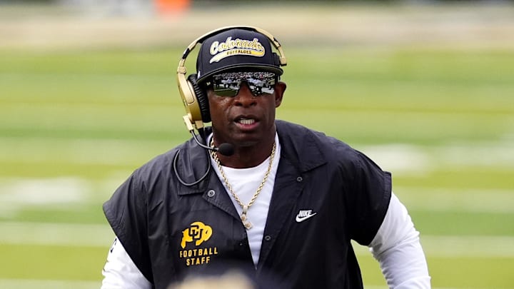 Aug 29, 2025; Boulder, Colorado, USA; Colorado Buffaloes head coach Deion Sanders during the first quarter against the Georgia Tech Yellow Jackets at Folsom Field. Aug 29, 2025; Boulder, Colorado, USA; Colorado Buffaloes head coach Deion Sanders during the first quarter against the Georgia Tech Yellow Jackets at Folsom Field.