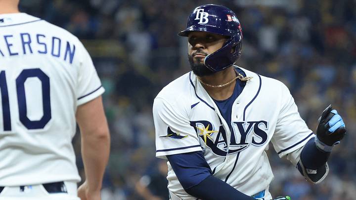 Oct 12, 2026: Tampa Bay Rays third baseman Junior Caminero (13) reacts after hitting a RBI single during the first inning in game one of the ALCS for the 2026 MLB Playoffs at Tropicana Field. Credit: Kim Klement Neitzel-Imagn Images