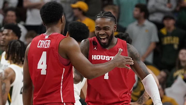 Feb 24, 2024; Waco, Texas, USA; Houston Cougars guard L.J. Cryer (4) and guard Jamal Shead (1) react in a game