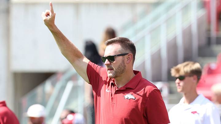 Arkansas Razorbacks head coach Ryan Silverfield during warmups prior to the game against the North Alabama Lions at Donald W. Reynolds Razorback Stadium. Arkansas Razorbacks head coach Ryan Silverfield during warmups prior to the game against the North Alabama Lions at Donald W. Reynolds Razorback Stadium.