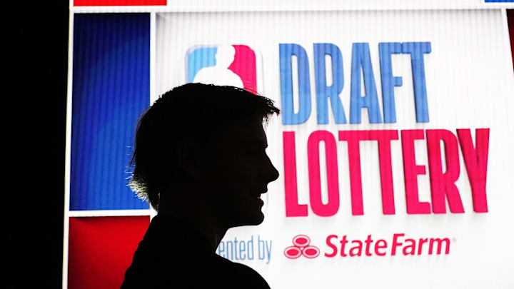 May 12, 2024; Chicago, IL, USA; Kansas’ Johnny Furphy NBA  at the Draft Lottery at McCormick Place West. Mandatory Credit: David Banks-Imagn Images