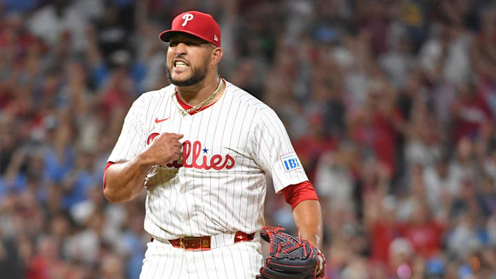 Aug 31, 2024; Philadelphia, Pennsylvania, USA; Philadelphia Phillies pitcher Carlos Estévez (53) reacts after getting the final out during the ninth inning against the Atlanta Braves at Citizens Bank Park. Mandatory Credit: Eric Hartline-Imagn Images