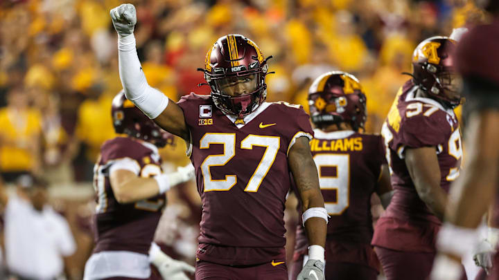Aug 31, 2023; Minneapolis, Minnesota, USA; Minnesota Golden Gophers defensive back Tyler Nubin (27)