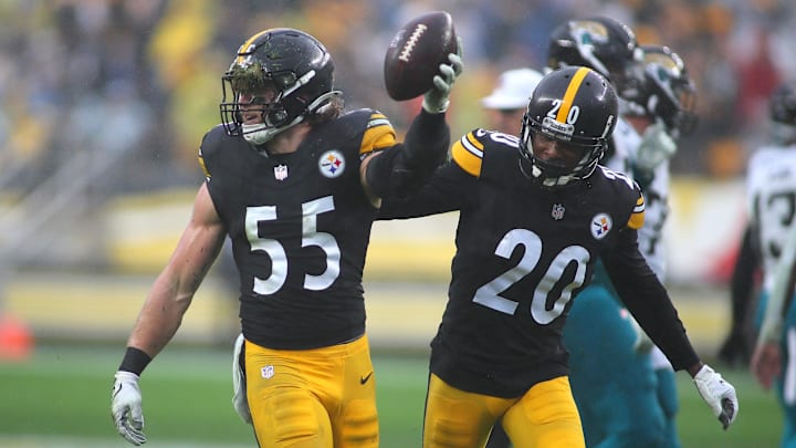 Pittsburgh Steelers Cole Holcomb (55) reacts after recovering a fumble during the first half against the Jacksonville Jaguars at Acrisure Stadium in Pittsburgh, PA on October 29, 2023.