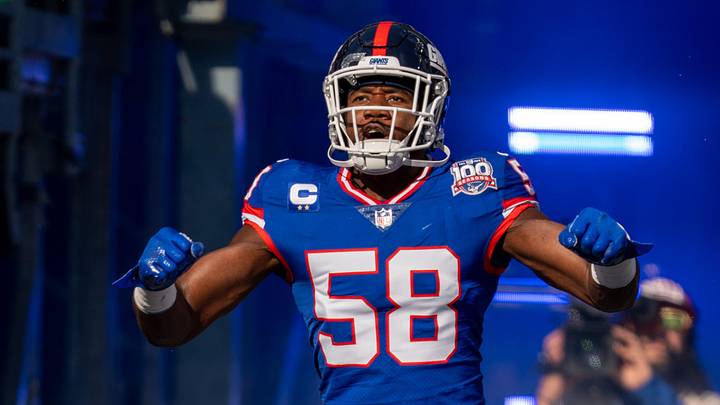 New York Giants linebacker Bobby Okereke (58) runs onto the field to start the game between the New York Giants and the Washington Commanders at MetLife Stadium in East Rutherford on Sunday, Nov. 3, 2024.