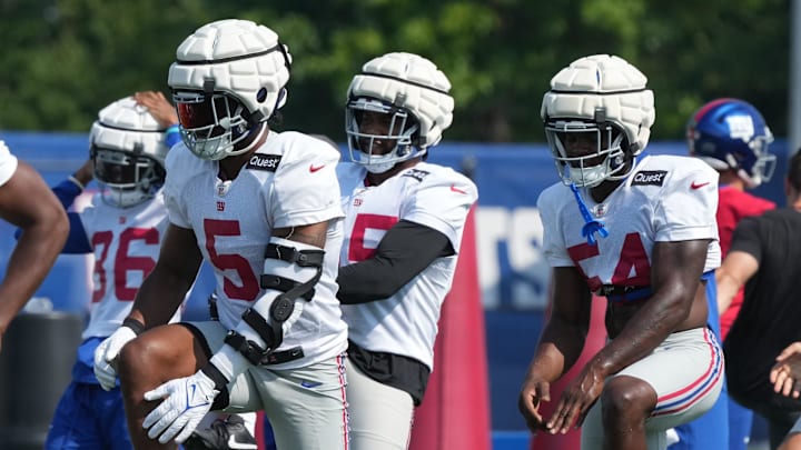 East Rutherford, NJ -- August 1, 2024 -- Kayvon Thibodeaux practicing today at training camp for the New York Giants. East Rutherford, NJ -- August 1, 2024 -- Kayvon Thibodeaux practicing today at training camp for the New York Giants.