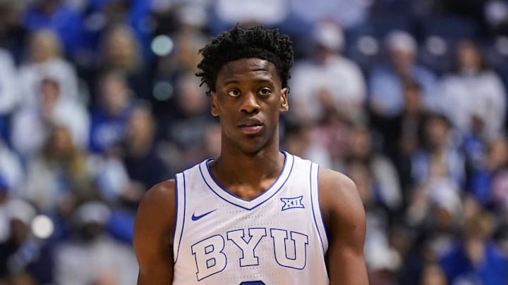 Mar 7, 2026; Provo, Utah, USA; BYU Cougars forward AJ Dybantsa (3) looks on during the first half against the Texas Tech Red Raiders at Marriott Center. Mandatory Credit: Aaron Baker-Imagn Images