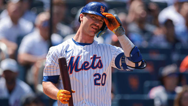 Aug 21, 2024; New York City, New York, USA; New York Mets first baseman Pete Alonso (20) at bat during the fourth inning against the Baltimore Orioles at Citi Field. Mandatory Credit: Vincent Carchietta-Imagn Images