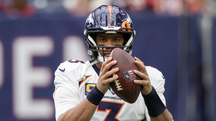 Dec 3, 2023; Houston, Texas, USA; Denver Broncos quarterback Russell Wilson (3) warms up before playing against the Houston Texans at NRG Stadium. Mandatory Credit: Thomas Shea-USA TODAY Sports Dec 3, 2023; Houston, Texas, USA; Denver Broncos quarterback Russell Wilson (3) warms up before playing against the Houston Texans at NRG Stadium. Mandatory Credit: Thomas Shea-USA TODAY Sports