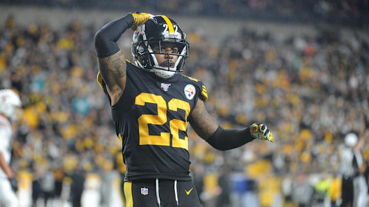 Oct 28, 2019; Pittsburgh, PA, USA; Pittsburgh Steelers cornerback Steven Nelson (22) reacts after a play against the Miami Dolphins during the fourth quarter at Heinz Field. Mandatory Credit: Philip G. Pavely-Imagn Images