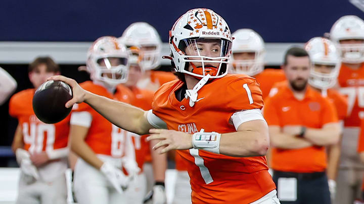 Quarterback Bowe Bentley of Celina passes during the Texas 4A Division 1 state championship game at AT&T Stadium.