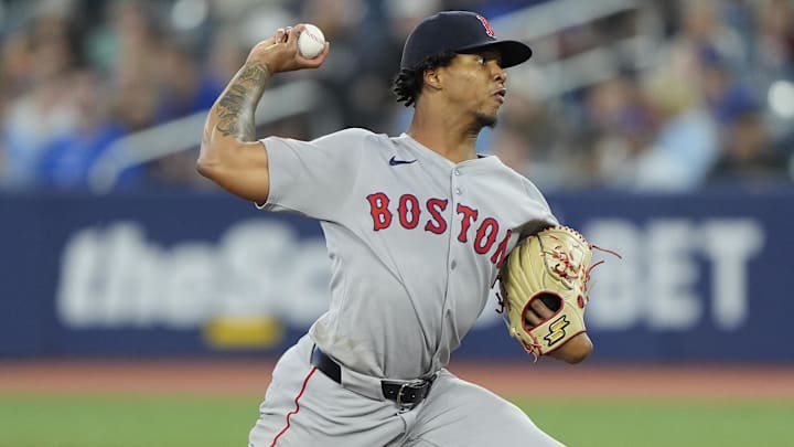 Sep 25, 2025; Toronto, Ontario, CAN; Boston Red Sox starting pitcher Brayan Bello (66) pitches to the Toronto Blue Jays during the first inning at Rogers Centre. Mandatory Credit: John E. Sokolowski-Imagn Images