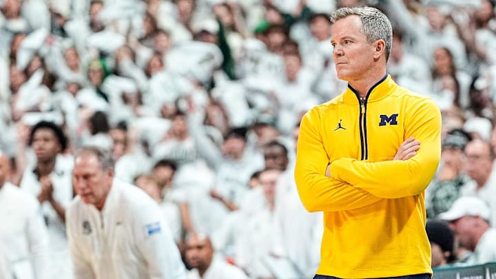 Michigan head coach Dusty May watches a play against Michigan State during the second half at Breslin Center in East Lansing on Friday, Jan. 30, 2026.