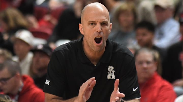 Oklahoma State men's basketball coach Steve Lutz encourages his team against Texas Tech in a Big 12 game Saturday, Jan. 3, 2026, at United Supermarkets Arena.
