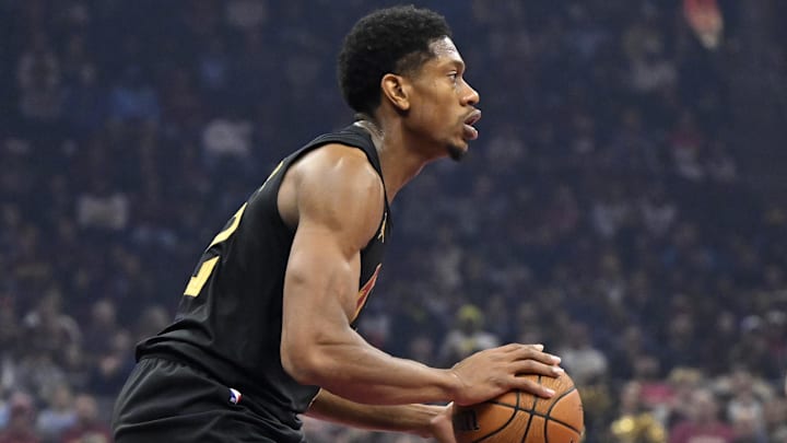 Oct 31, 2025; Cleveland, Ohio, USA; Cleveland Cavaliers forward De'Andre Hunter (12) looks to pass in the first quarter against the Toronto Raptors at Rocket Arena. Mandatory Credit: David Richard-Imagn Images