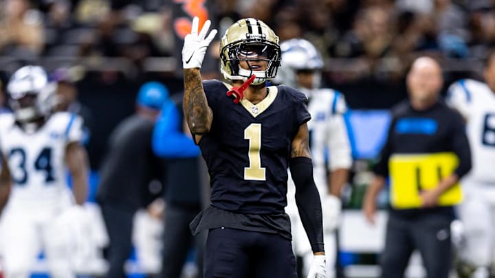 Sep 8, 2024; New Orleans, Louisiana, USA;  New Orleans Saints cornerback Alontae Taylor (1) reacts to sacking Carolina Panthers quarterback Bryce Young (9) during the second half at Caesars Superdome. Mandatory Credit: Stephen Lew-Imagn Images