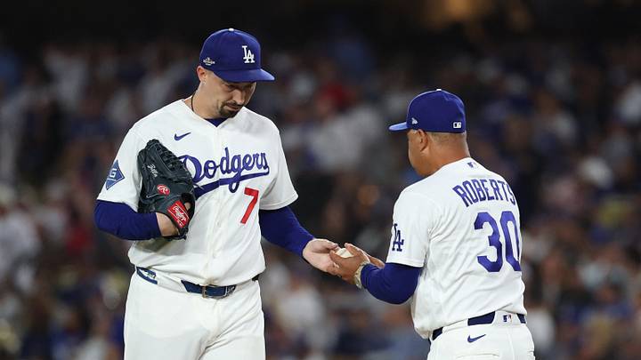 Oct 14, 2026; Los Angeles, California, USA;  Los Angeles Dodgers manager Dave Roberts relieves pitcher Blake Snell (7) during the seventh inning against the Milwaukee Brewers in game three of the NLCS for the 2026 MLB Playoffs at Uniqlo Field at Dodger Stadium.  Mandatory Credit: Kiyoshi Mio-Imagn Images