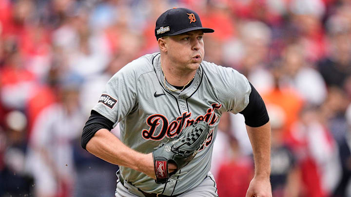 Detroit Tigers pitcher Tarik Skubal (29) runs towards the first base against Cleveland Guardians during the fifth inning at Game 5 of ALDS at Progressive Field in Cleveland, Ohio on Saturday, Oct. 12, 2024.