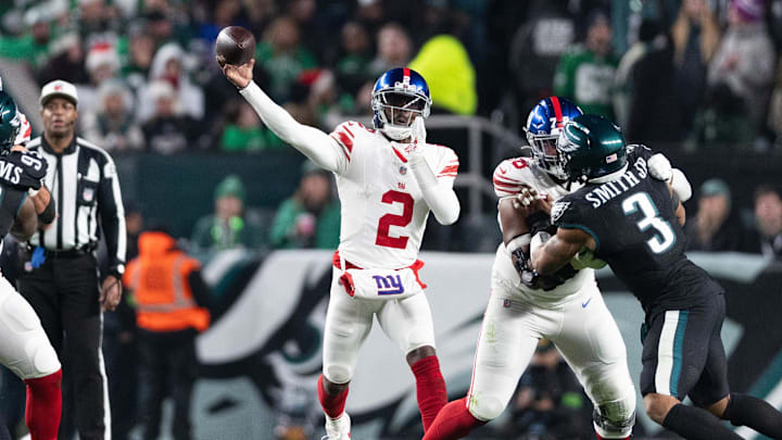 Dec 25, 2023; Philadelphia, Pennsylvania, USA; New York Giants quarterback Tyrod Taylor (2) passes