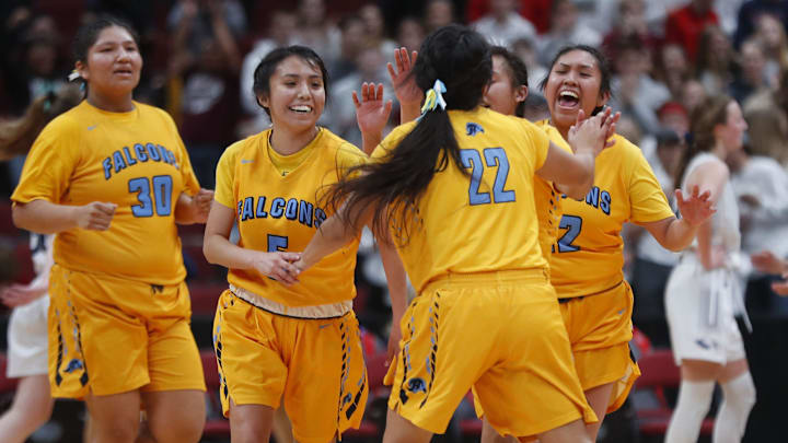 Alchesay's Laney Lupe celebrates with her teammates after hitting a three pointer during the second half against Scottsdale Christian during the 2A girls basketball state championship game at Gila River Arena in Glendale, Ariz. on February 23, 2019.

Z6i5270