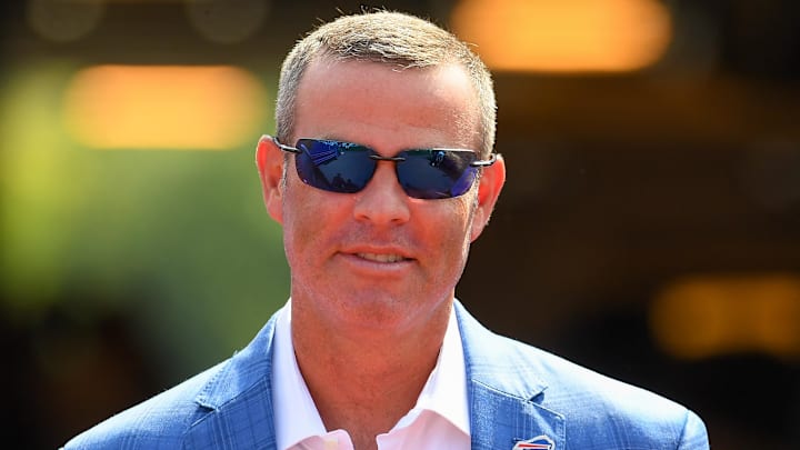 Aug 28, 2021; Orchard Park, New York, USA; Buffalo Bills general manager Brandon Beane walks to the field prior to the game against the Green Bay Packers at Highmark Stadium. Aug 28, 2021; Orchard Park, New York, USA; Buffalo Bills general manager Brandon Beane walks to the field prior to the game against the Green Bay Packers at Highmark Stadium.