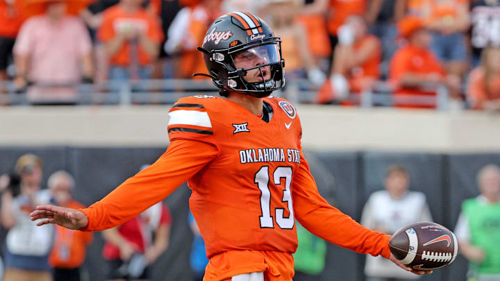 Oklahoma State's Garret Rangel (13) reacts after a delay of game penalty in the second half of the college football between the Oklahoma State University Cowboys and the Utah Utes at Boone Pickens Stadium in Stillwater, Okla., Saturday, Sept., 21, 2024.