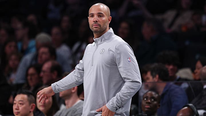 Mar 16, 2025; Brooklyn, New York, USA; Brooklyn Nets head coach Jordi Fernandez looks on during the first quarter against the Atlanta Hawks at Barclays Center. Mandatory Credit: Vincent Carchietta-Imagn Images
