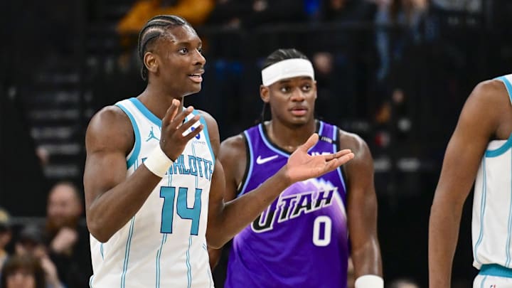 Jan 10, 2026; Salt Lake City, Utah, USA; Charlotte Hornets forward Moussa Diabaté (14) reacts to a call against him during the first half against the Utah Jazz at Delta Center. Mandatory Credit: Peter Creveling-Imagn Images
