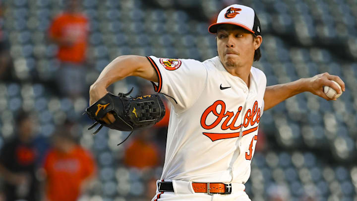 Sep 3, 2024; Baltimore, Maryland, USA;  Baltimore Orioles pitcher Cade Povich (37) throws a first inning pitch against the Chicago White Sox at Oriole Park at Camden Yards. 