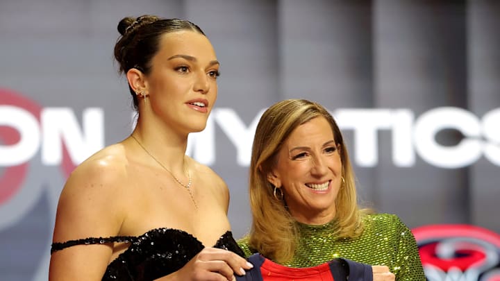 Apr 13, 2026; New York, NY, USA; WNBA Commissioner Cathy Engelbert (right) poses for photos with Angela Dugalic who was selected ninth overall by the Washington Mystics during the 2026 WNBA Draft at The Shed at Hudson Yards. Mandatory Credit: Brad Penner-Imagn Images Apr 13, 2026; New York, NY, USA; WNBA Commissioner Cathy Engelbert (right) poses for photos with Angela Dugalic who was selected ninth overall by the Washington Mystics during the 2026 WNBA Draft at The Shed at Hudson Yards. Mandatory Credit: Brad Penner-Imagn Images