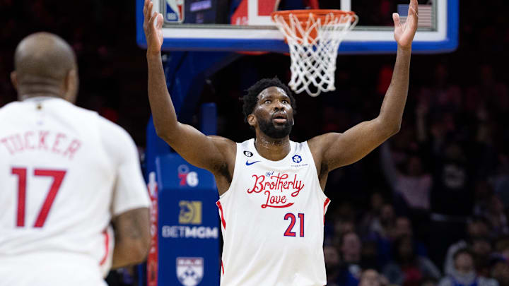 Nov 13, 2022; Philadelphia, Pennsylvania, USA; Philadelphia 76ers center Joel Embiid (21) reacts after scoring against the Utah Jazz during the second quarter at Wells Fargo Center. Mandatory Credit: Bill Streicher-Imagn Images Nov 13, 2022; Philadelphia, Pennsylvania, USA; Philadelphia 76ers center Joel Embiid (21) reacts after scoring against the Utah Jazz during the second quarter at Wells Fargo Center. Mandatory Credit: Bill Streicher-Imagn Images