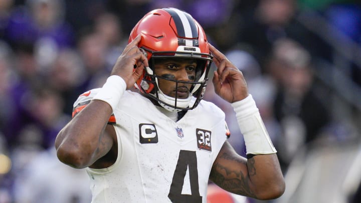 Nov 12, 2023; Baltimore, Maryland, USA; Cleveland Browns quarterback Deshaun Watson (4) calls out to teammates before the snap against the Baltimore Ravens during the second half at M&T Bank Stadium. Mandatory Credit: Jessica Rapfogel-USA TODAY Sports Nov 12, 2023; Baltimore, Maryland, USA; Cleveland Browns quarterback Deshaun Watson (4) calls out to teammates before the snap against the Baltimore Ravens during the second half at M&T Bank Stadium. Mandatory Credit: Jessica Rapfogel-USA TODAY Sports