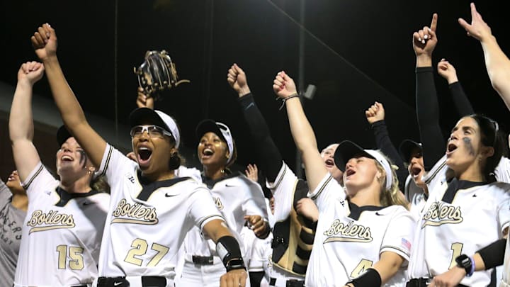 The Purdue Boilermakers celebrate Wednesday, May 7, 2025, after the Big Ten softball tournament game against the Northwestern Wildcats at Purdue University’s Bittinger Stadium in West Lafayette, Indiana. Purdue Boilermakers won 4-2. The Purdue Boilermakers celebrate Wednesday, May 7, 2025, after the Big Ten softball tournament game against the Northwestern Wildcats at Purdue University’s Bittinger Stadium in West Lafayette, Indiana. Purdue Boilermakers won 4-2.