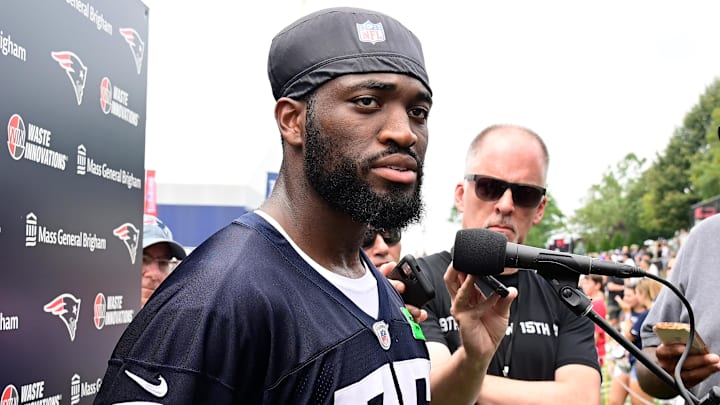 Jul 27, 2023; Foxborough, MA, USA; New England Patriots linebacker Josh Uche (55) speaks to the media after training camp at Gillette Stadium. Mandatory Credit: Eric Canha-Imagn Images