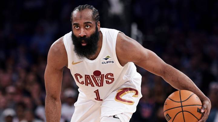 May 21, 2026; New York, New York, USA; Cleveland Cavaliers guard James Harden (1) controls the ball against the New York Knicks during the second quarter of game two of the Eastern Conference Finals of the 2026 NBA playoffs at Madison Square Garden. Mandatory Credit: Vincent Carchietta-Imagn Images