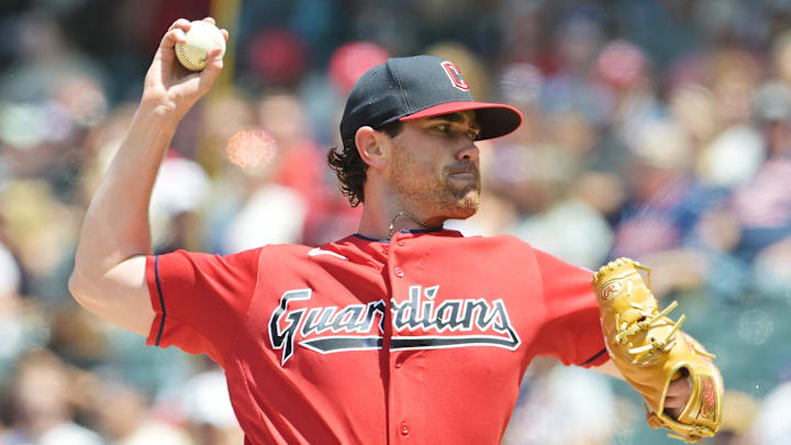 Jul 9, 2023; Cleveland, Ohio, USA; Cleveland Guardians starting pitcher Shane Bieber (57) throws a pitch during the second inning against the Kansas City Royals at Progressive Field.