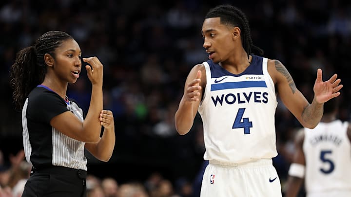 Minnesota Timberwolves guard Rob Dillingham talks to referee Danielle Scott during the fourth quarter at Target Center in Minneapolis on Jan. 18, 2025.
