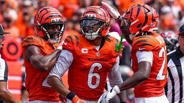 Cincinnati Bengals safety Bryan Cook (6) celebrates after recovering a Tampa Bay Buccaneers quarterback Baker Mayfield (6) fumble in the second quarter of the NFL Week 1 game between the Cincinnati Bengals and the Tampa Bay Buccaneers at Paycor Stadium in Cincinnati on Sunday, Sept. 13, 2026. Cincinnati Bengals safety Bryan Cook (6) celebrates after recovering a Tampa Bay Buccaneers quarterback Baker Mayfield (6) fumble in the second quarter of the NFL Week 1 game between the Cincinnati Bengals and the Tampa Bay Buccaneers at Paycor Stadium in Cincinnati on Sunday, Sept. 13, 2026.