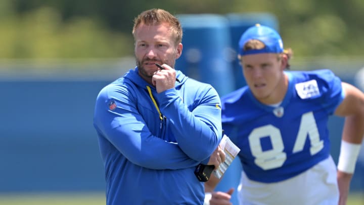 May 28, 2024; Thousand Oaks, CA, USA;  Los Angeles Rams head coach Sean McVay looks on during OTAs at California Lutheran University. Mandatory Credit: Jayne Kamin-Oncea-USA TODAY Sports