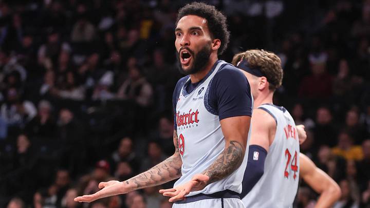 Feb 5, 2025; Brooklyn, New York, USA; Washington Wizards forward Justin Champagnie (9) reacts after getting called for a foul in the third quarter against the Brooklyn Nets at Barclays Center. Mandatory Credit: Wendell Cruz-Imagn Images Feb 5, 2025; Brooklyn, New York, USA; Washington Wizards forward Justin Champagnie (9) reacts after getting called for a foul in the third quarter against the Brooklyn Nets at Barclays Center. Mandatory Credit: Wendell Cruz-Imagn Images
