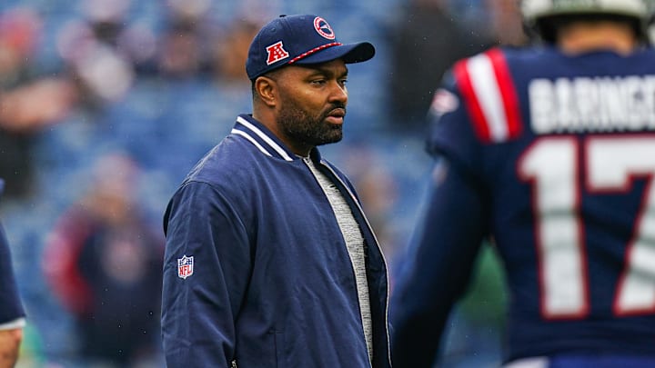 Dec 28, 2024; Foxborough, Massachusetts, USA; New England Patriots head coach Jerod Mayo on the field before the game against the Los Angeles Chargers at Gillette Stadium. Mandatory Credit: David Butler II-Imagn Images
