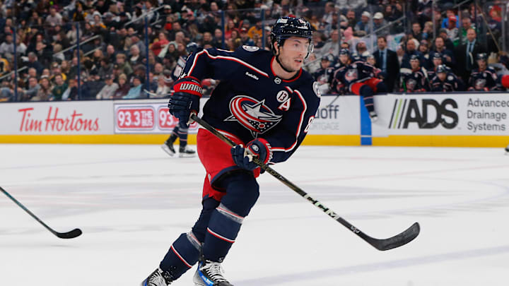 Dec 27, 2024; Columbus, Ohio, USA; Columbus Blue Jackets defenseman Zach Werenski (8) against the Boston Bruins during the first period at Nationwide Arena. Mandatory Credit: Russell LaBounty-Imagn Images