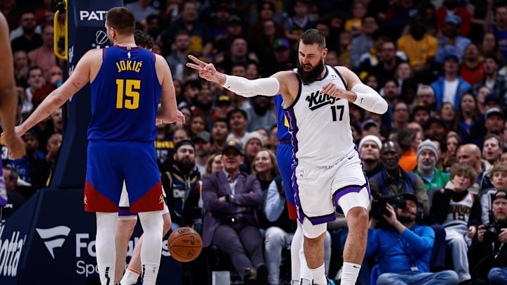 Mar 5, 2025; Denver, Colorado, USA; Sacramento Kings center Jonas Valanciunas (17) reacts after a play as Denver Nuggets center Nikola Jokic (15) looks on in the second quarter at Ball Arena. Mandatory Credit: Isaiah J. Downing-Imagn Images Mar 5, 2025; Denver, Colorado, USA; Sacramento Kings center Jonas Valanciunas (17) reacts after a play as Denver Nuggets center Nikola Jokic (15) looks on in the second quarter at Ball Arena. Mandatory Credit: Isaiah J. Downing-Imagn Images