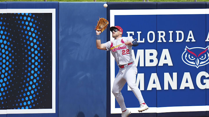 Mar 4, 2025; West Palm Beach, Florida, USA; St. Louis Cardinals outfielder Michael Siani (22) catches a fly ball for an out against the Washington Nationals during the second inning at CACTI Park of the Palm Beaches. Mandatory Credit: Rich Storry-Imagn Images
