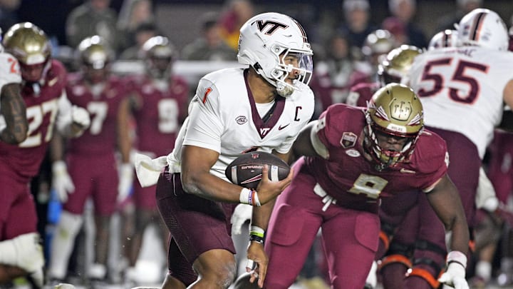 Nov 15, 2025; Tallahassee, Fla.; Virginia Tech quarterback Kyron Drones (1) runs the ball during the first half against Florida State.