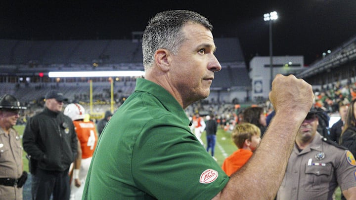 Nov 12, 2022; Atlanta, Georgia, USA; Miami Hurricanes head coach Mario Cristobal celebrates after a victory against the Georgia Tech Yellow Jackets at Bobby Dodd Stadium. Mandatory Credit: Brett Davis-Imagn Images Nov 12, 2022; Atlanta, Georgia, USA; Miami Hurricanes head coach Mario Cristobal celebrates after a victory against the Georgia Tech Yellow Jackets at Bobby Dodd Stadium. Mandatory Credit: Brett Davis-Imagn Images