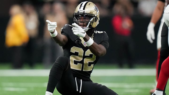 Oct 5, 2025; New Orleans, Louisiana, USA; New Orleans Saints wide receiver Rashid Shaheed (22) celebrates after a play against the New York Giants during the fourth quarter at Caesars Superdome. 